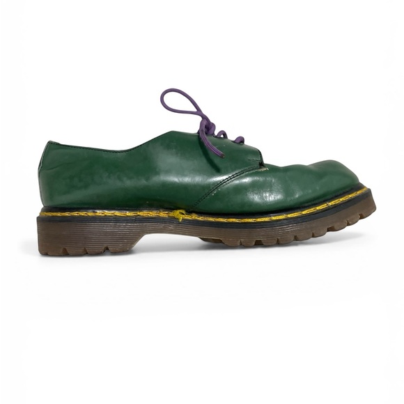 Dr. Martens Green Leather Oxfords with Purple Laces